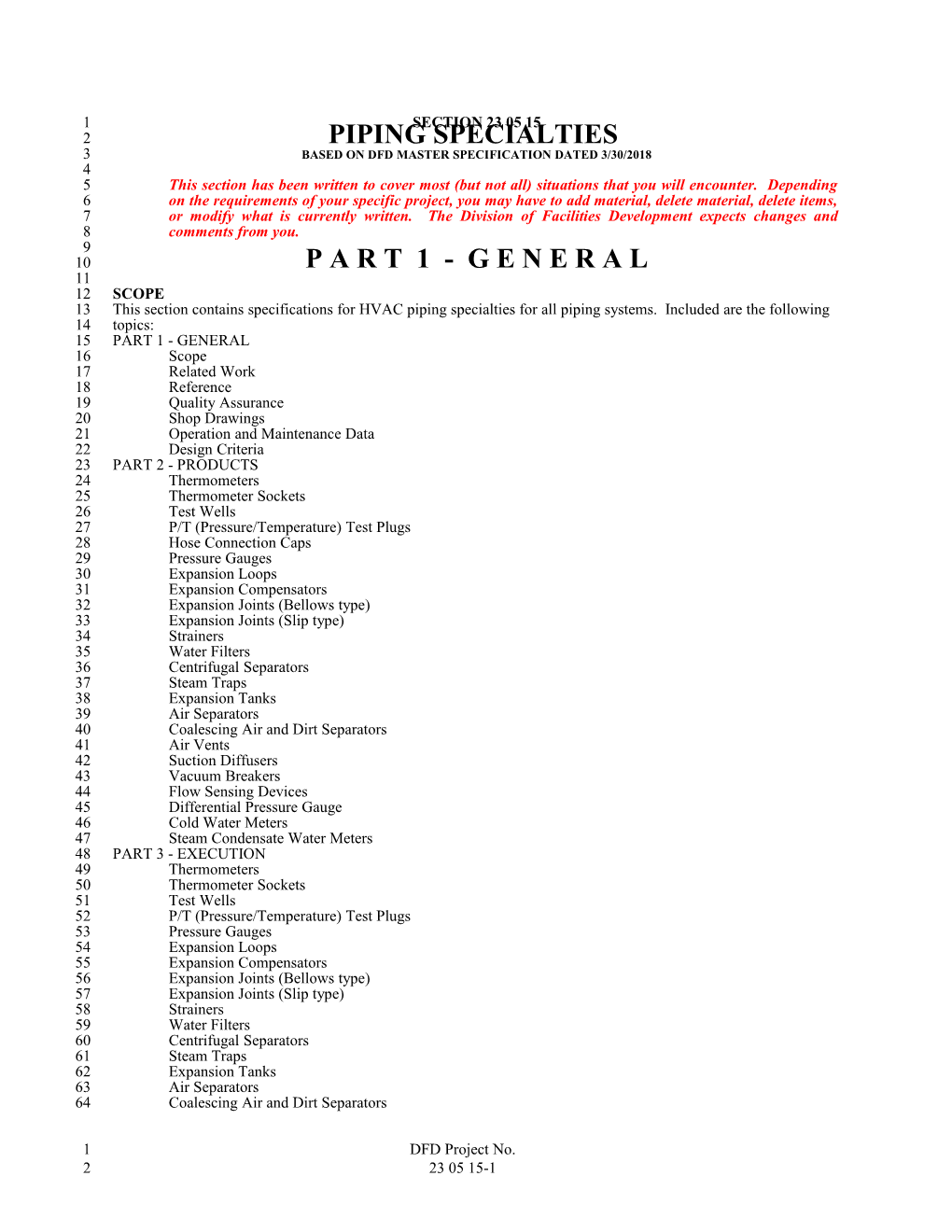 Based on Dfd Master Specification Dated 3/30/2018