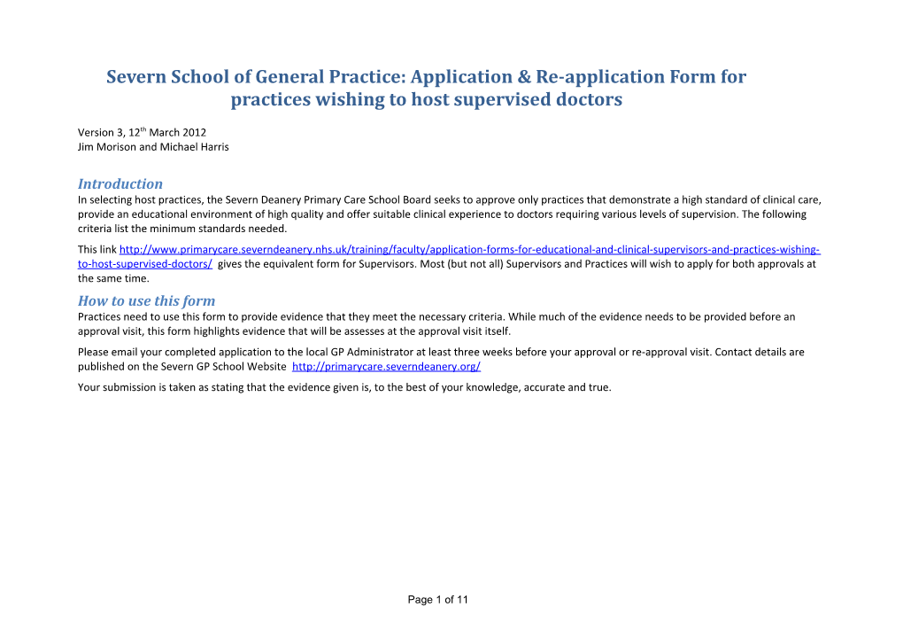 Severn School of General Practice: Application & Re-Application Form for Practices Wishing