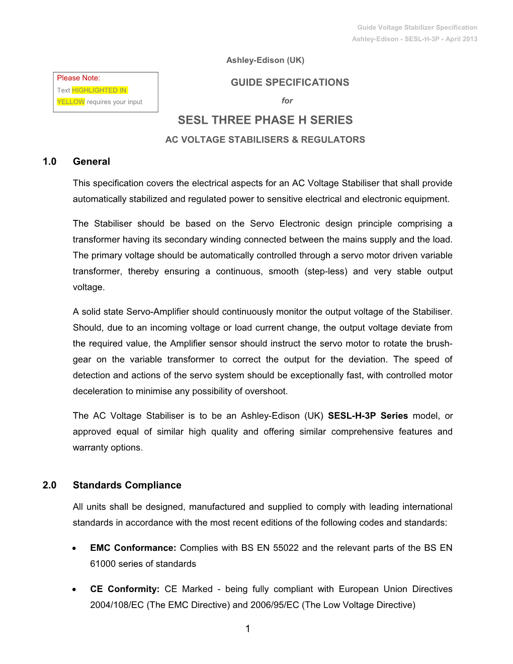 Guide Specification for Ashley-Edison SESL Three Phase AC Voltage Stabilisers