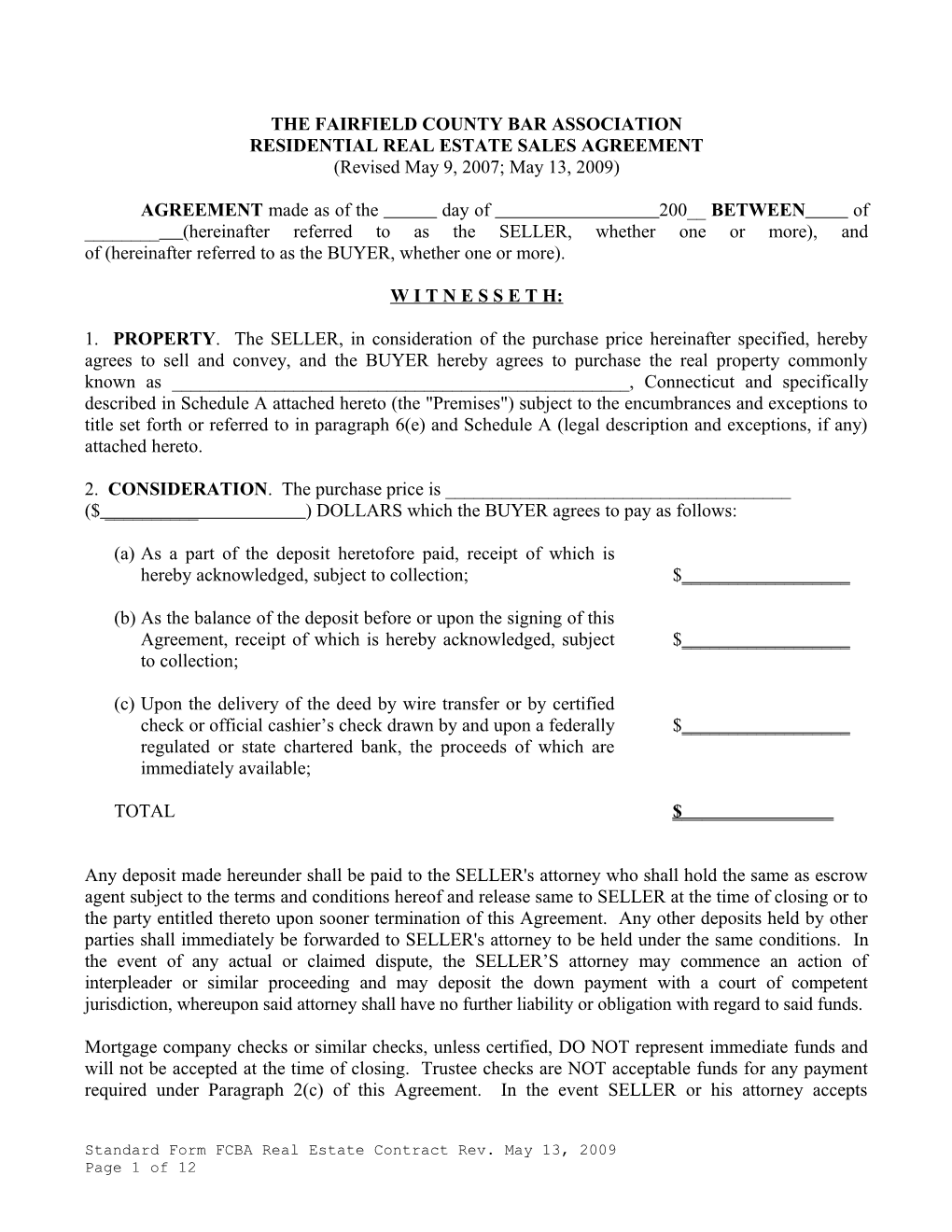 CT - Fairfield County Bar Real Estate Sales Agreement