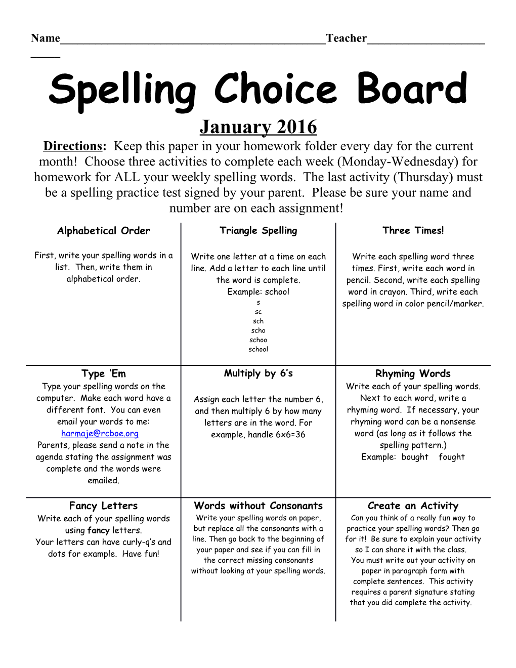 Spelling Choice Board s1