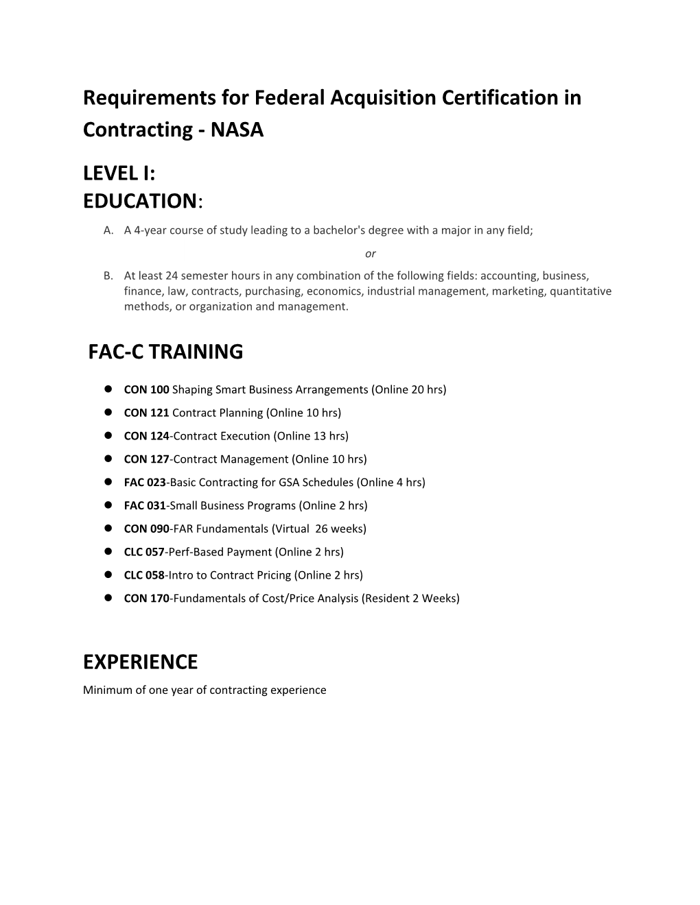 Requirements for Federal Acquisition Certification in Contracting - NASA