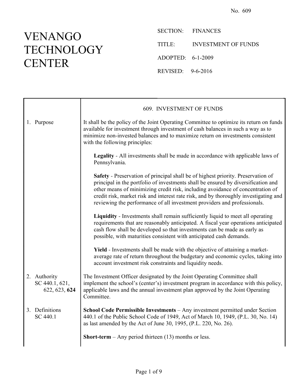 609. INVESTMENT of FUNDS - Pg. 9