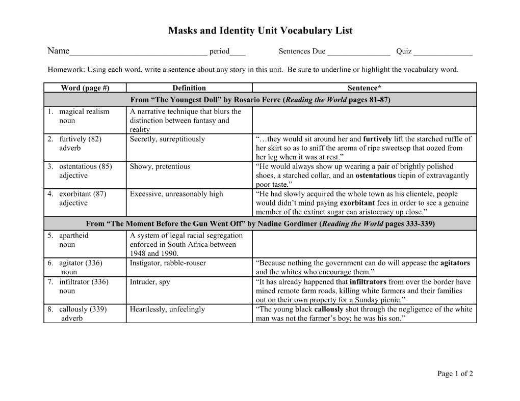 English II Vocabulary List #6: Masks and Social Identity Unit