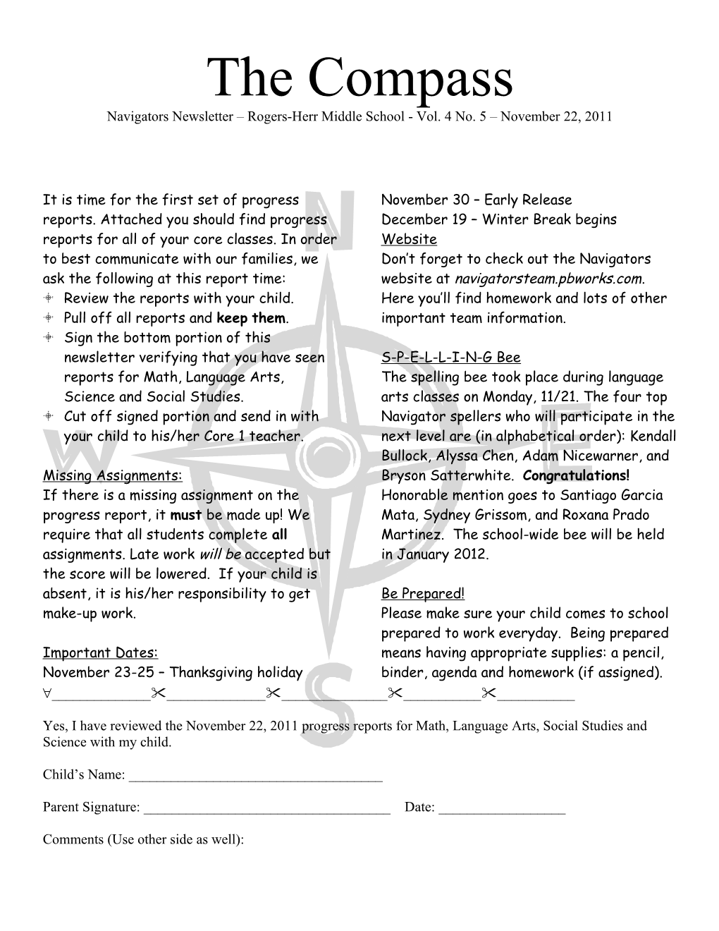 Navigators Newsletter Rogers-Herr Middle School - Vol. 4 No. 5 November 22, 2011