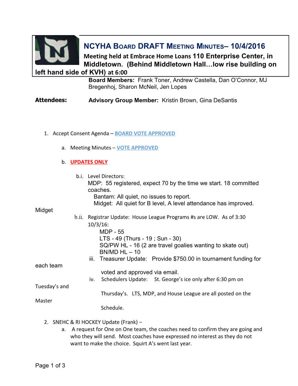 NCYHA Board DRAFT Meeting Minutes 10/4/2016