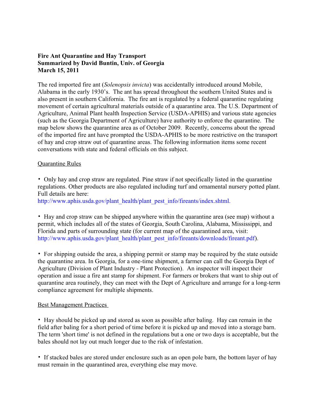 Fire Ant Quarantine and Hay Transport