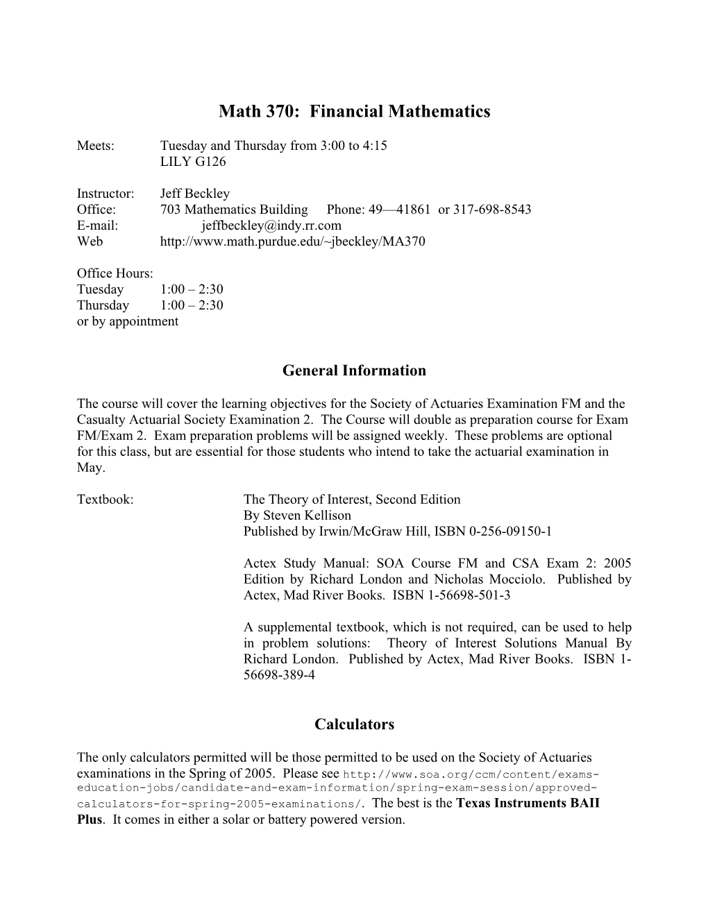 Math 370: Financial Mathematics