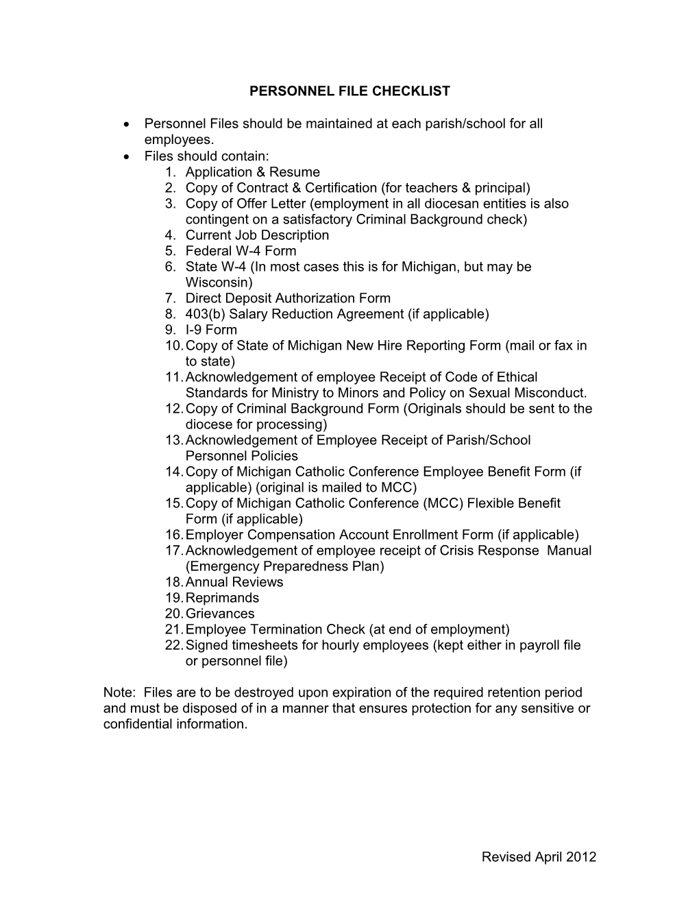 Personnel File Checklist