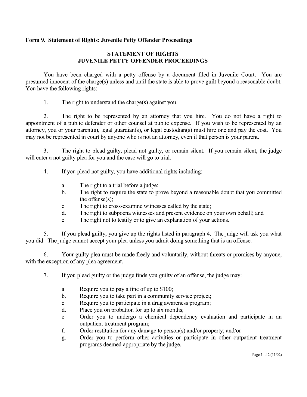 Form 9. Statement of Rights: Juvenile Petty Offender Proceedings