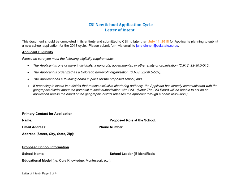 CSI New School Application Cycle