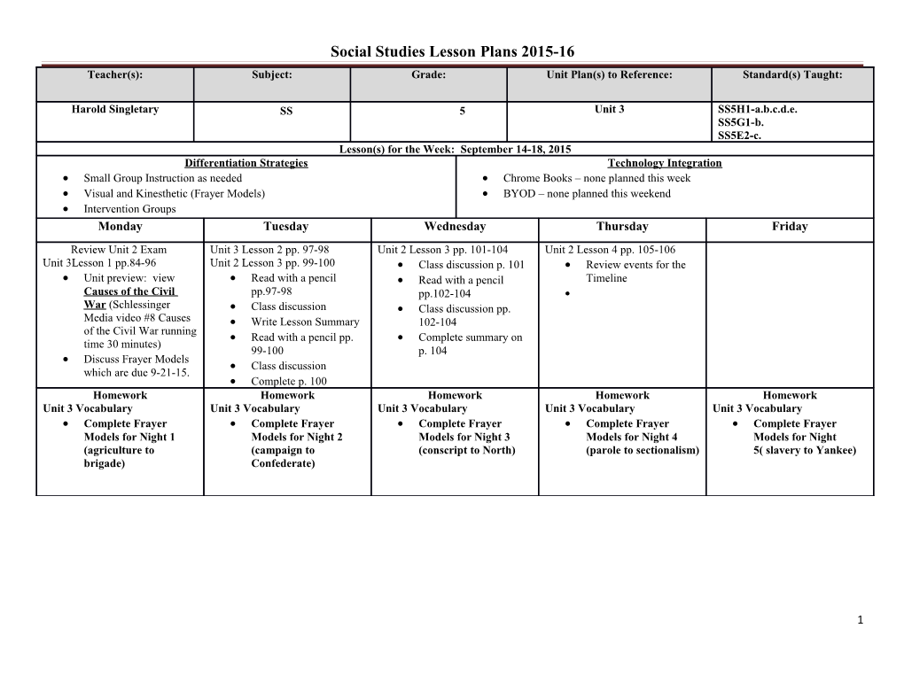 Social Studies Lesson Plans 2015-16