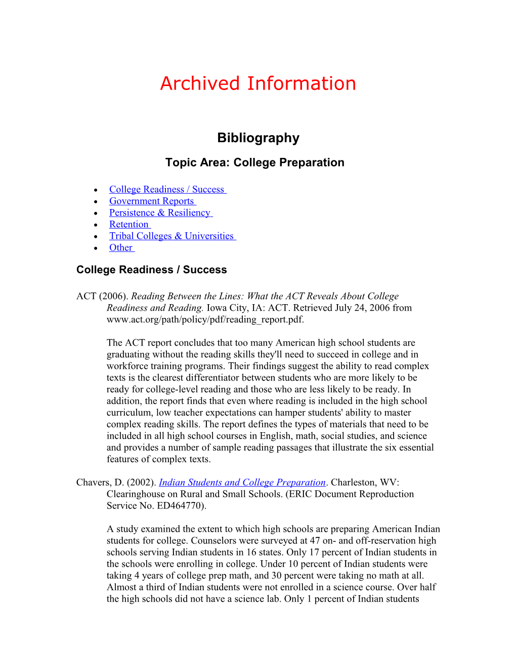 Archived: College Preparation Bibliography (MS Word)