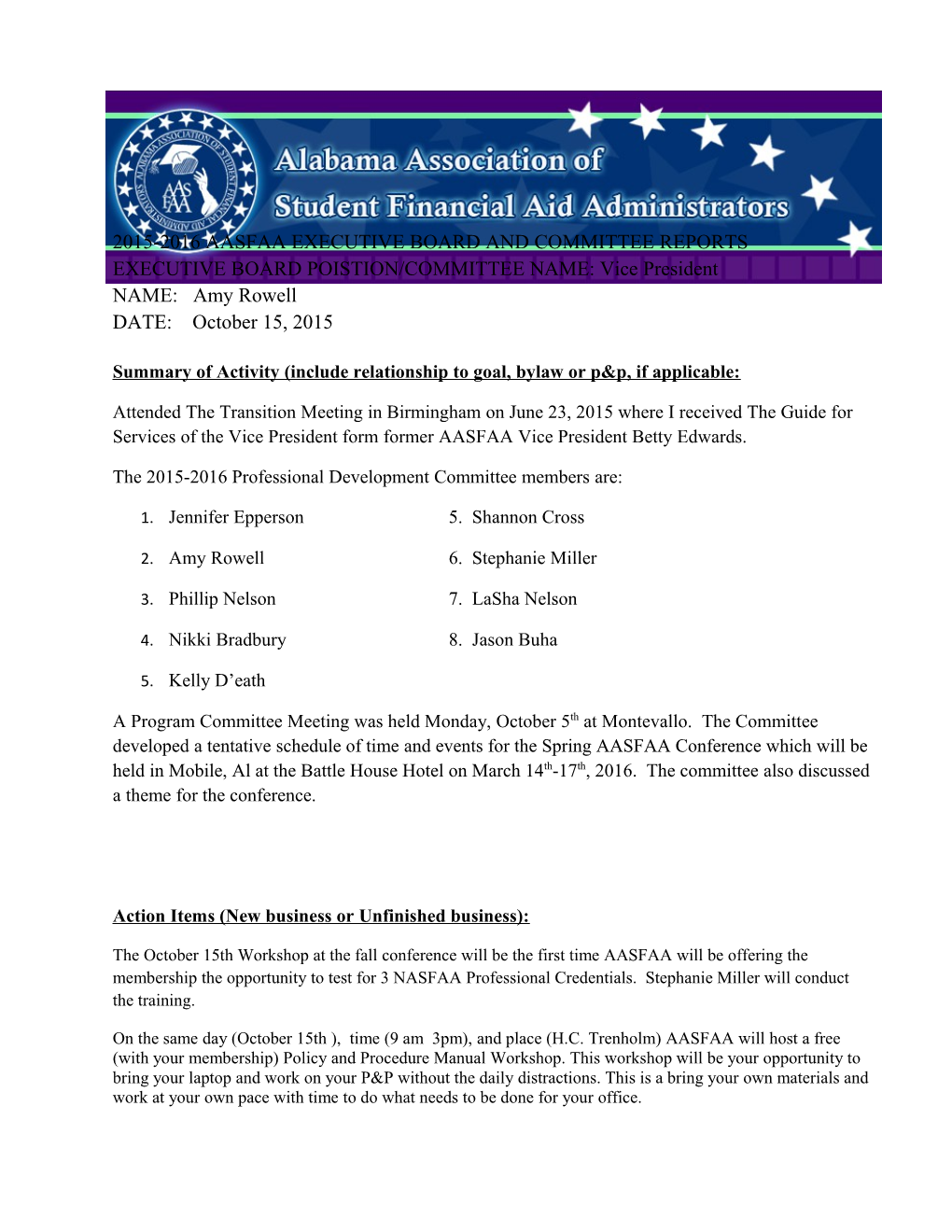 2015-2016 Aasfaa Executive Board and Committee Reports s1