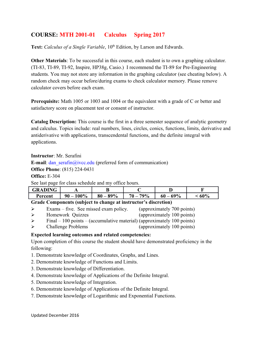 COURSE: MTH 2001-01 Calculus Spring 2017