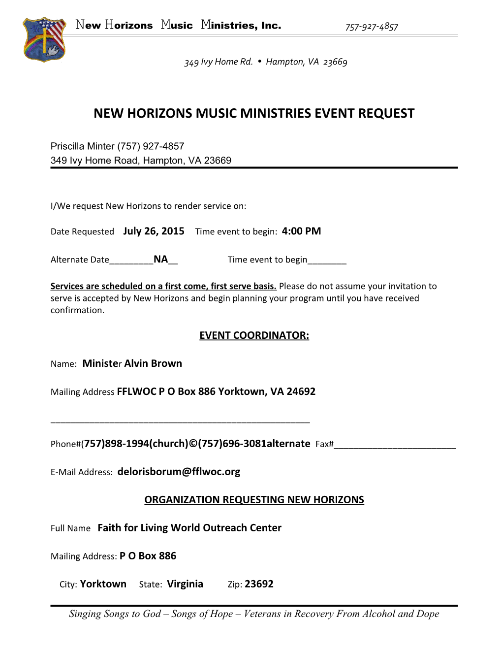 New Horizons Music Ministries Event Request