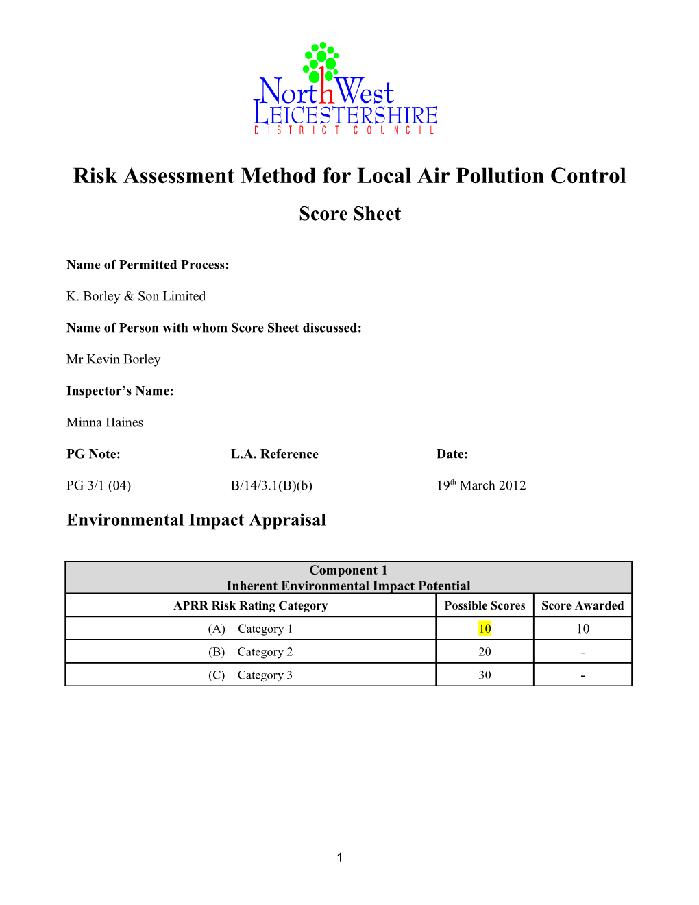 Risk Assessment Method for Local Air Pollution Control