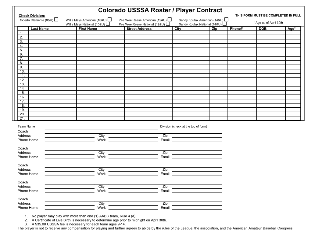 Colorado USSSA Roster / Player Contract