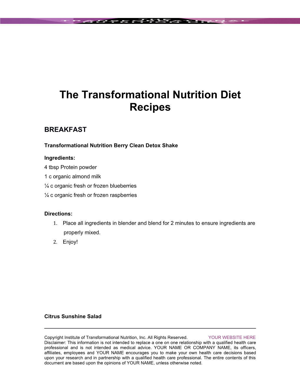 The Transformational Nutrition Diet Recipes