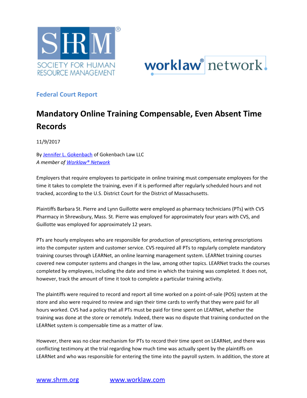 Federal Court Report Mandatory Online Training Compensable, Even Absent Time Records