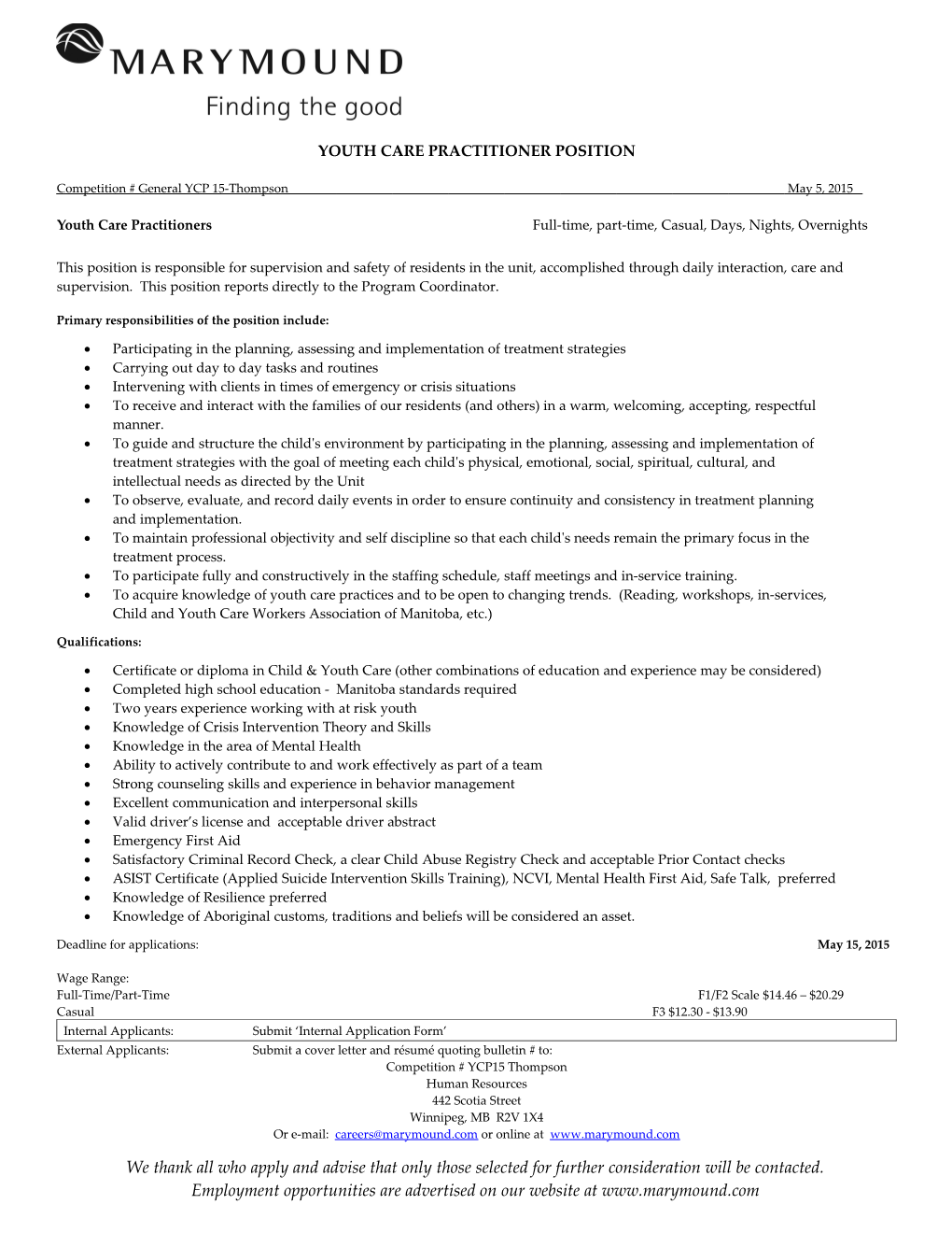 Youth Care Practitioner Position