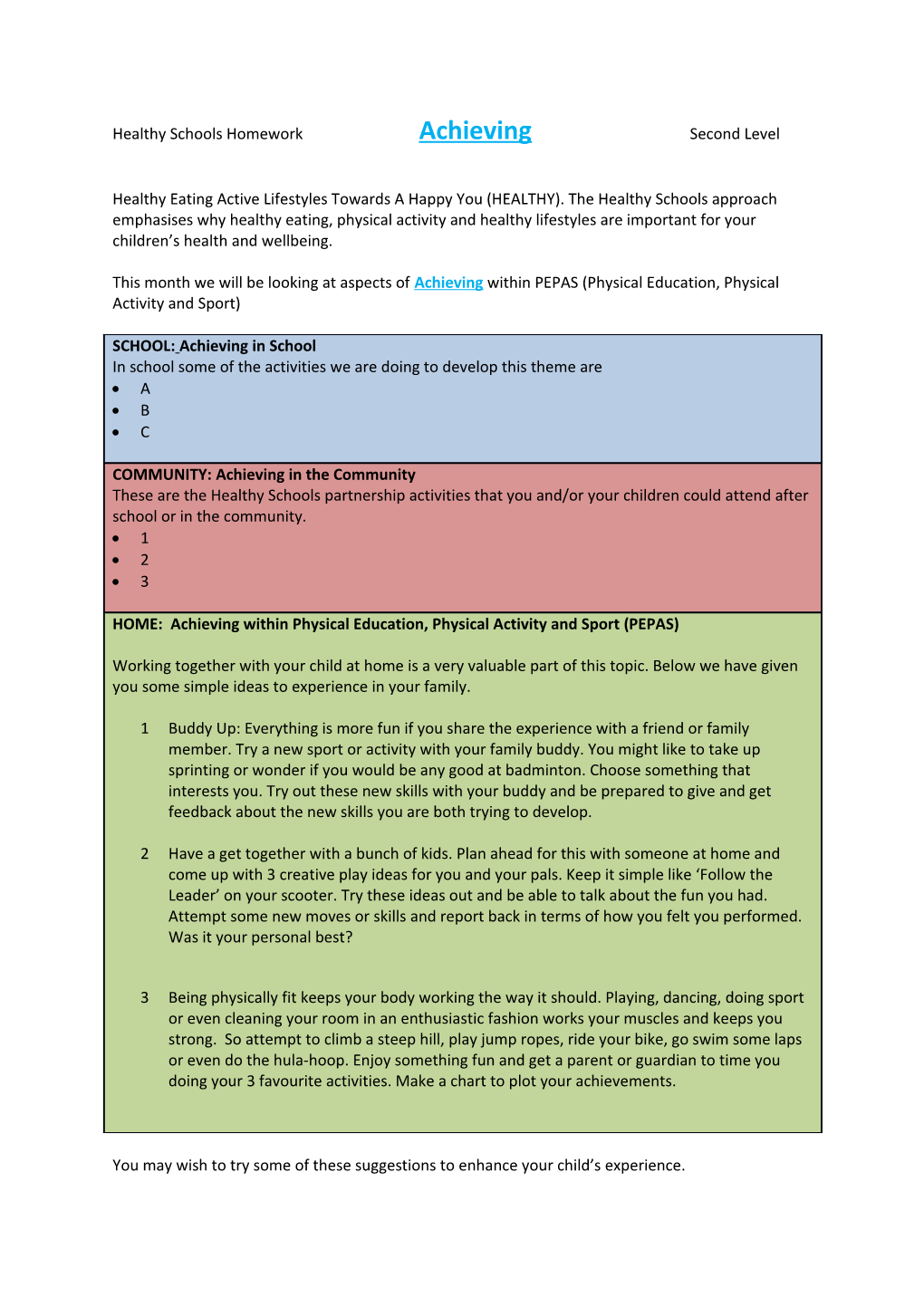 Healthy Schools Homework Achieving Second Level