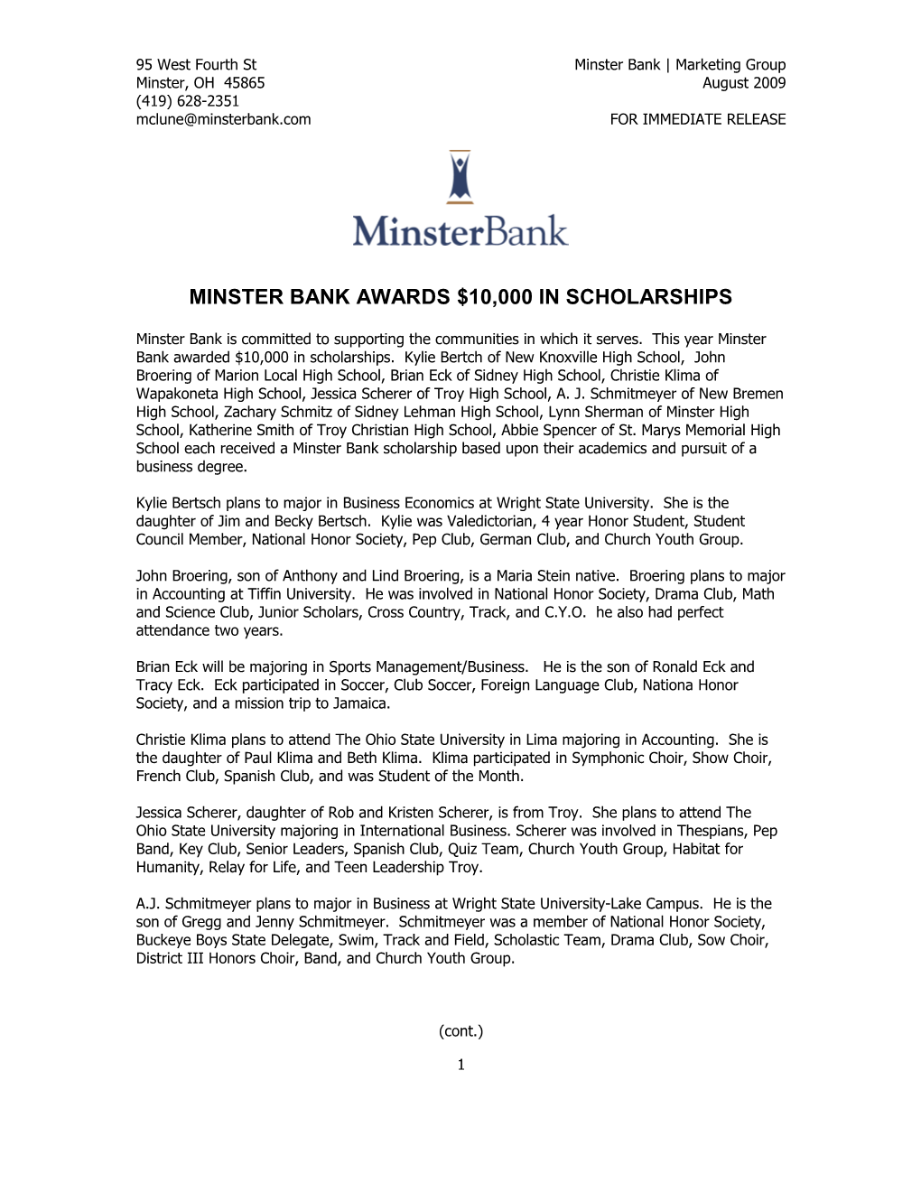 Minster Bank Awards $10,000 in Scholarships
