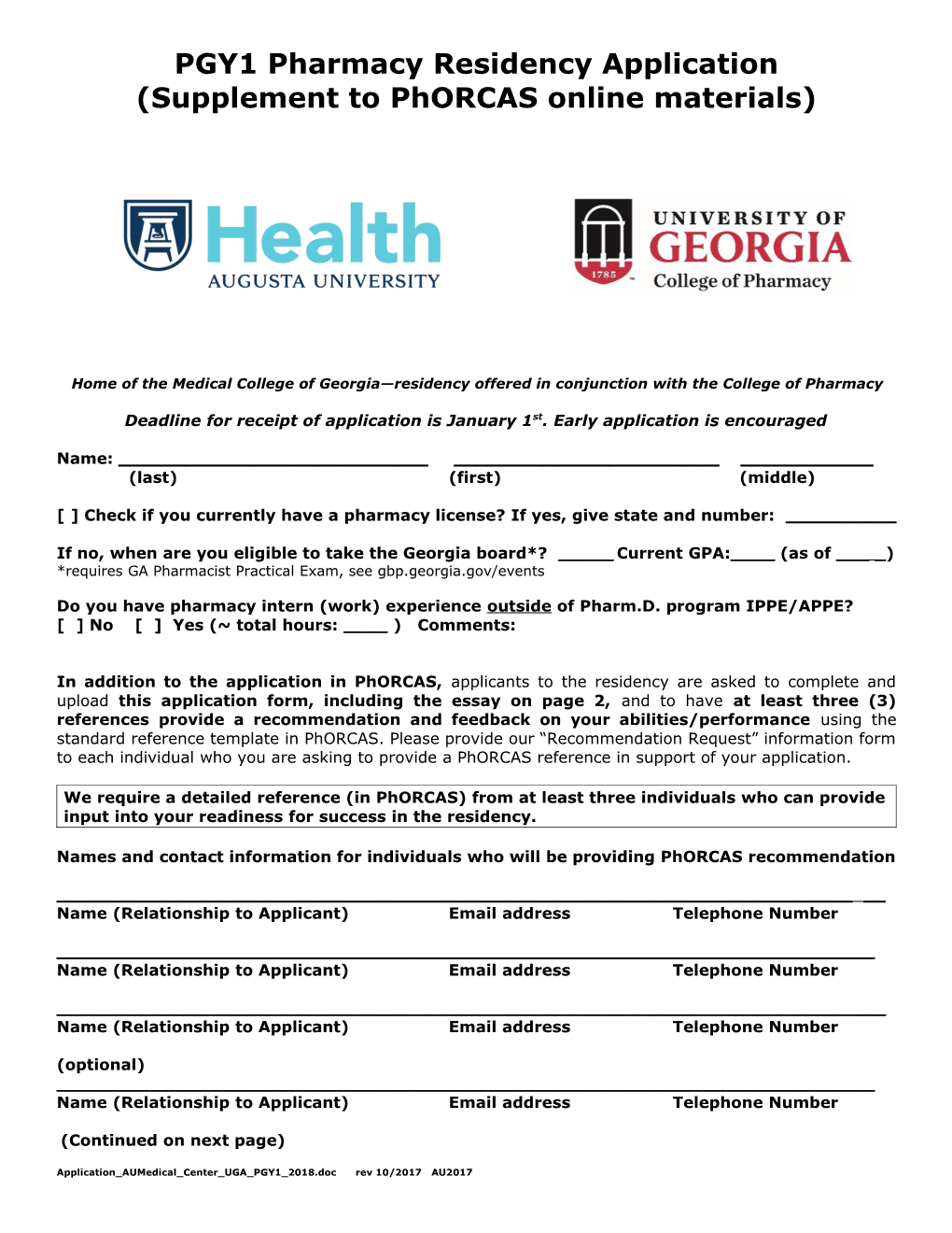 Application for Pharmacy Practice Residency Program