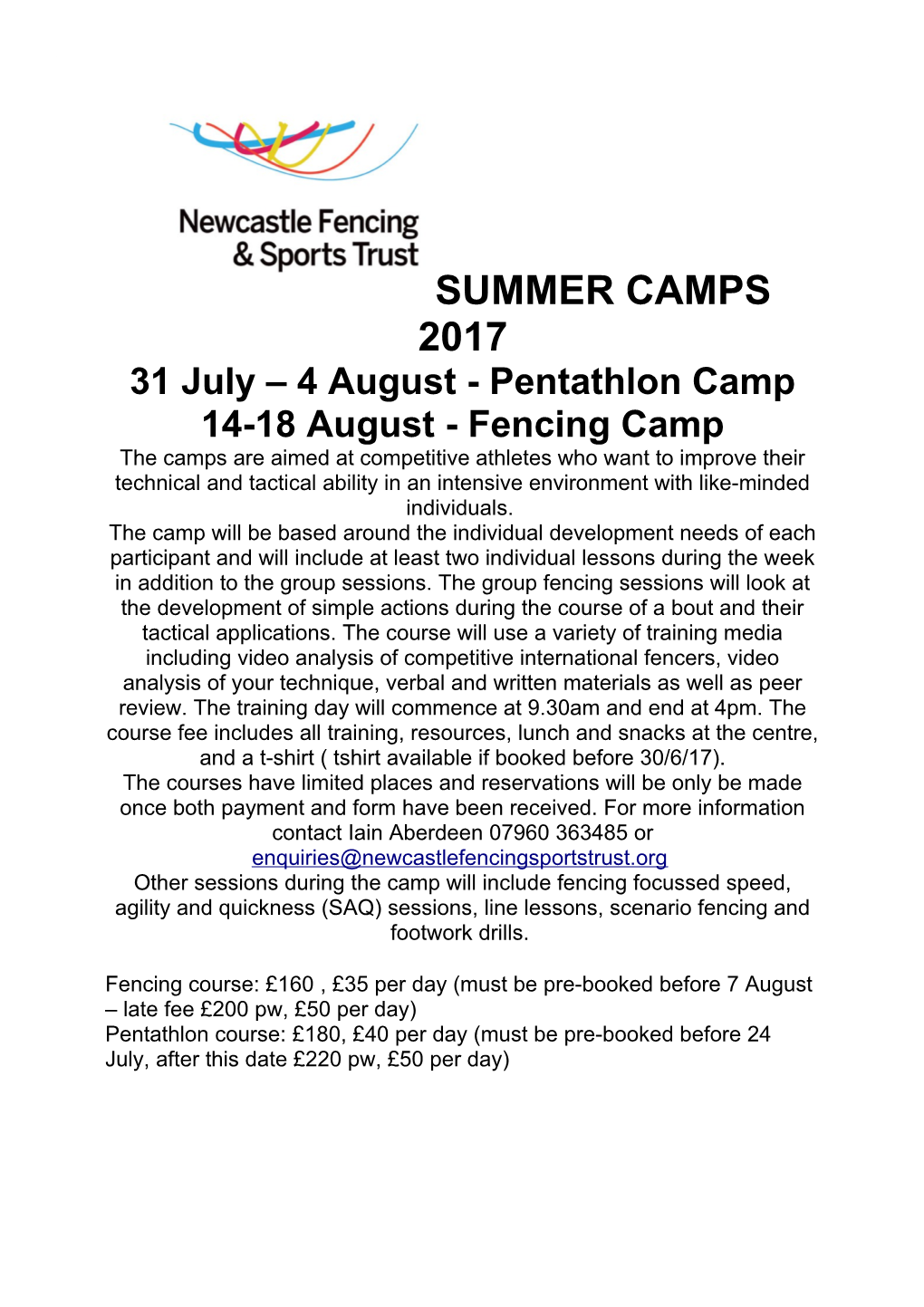 31 July 4 August - Pentathlon Camp