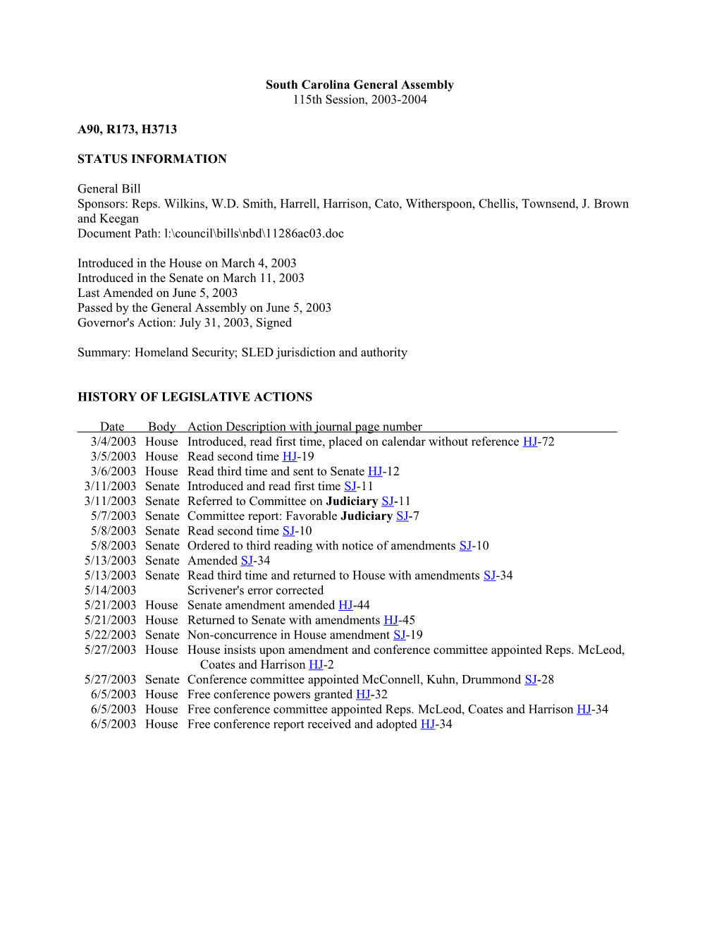 2003-2004 Bill 3713: Homeland Security; SLED Jurisdiction and Authority - South Carolina