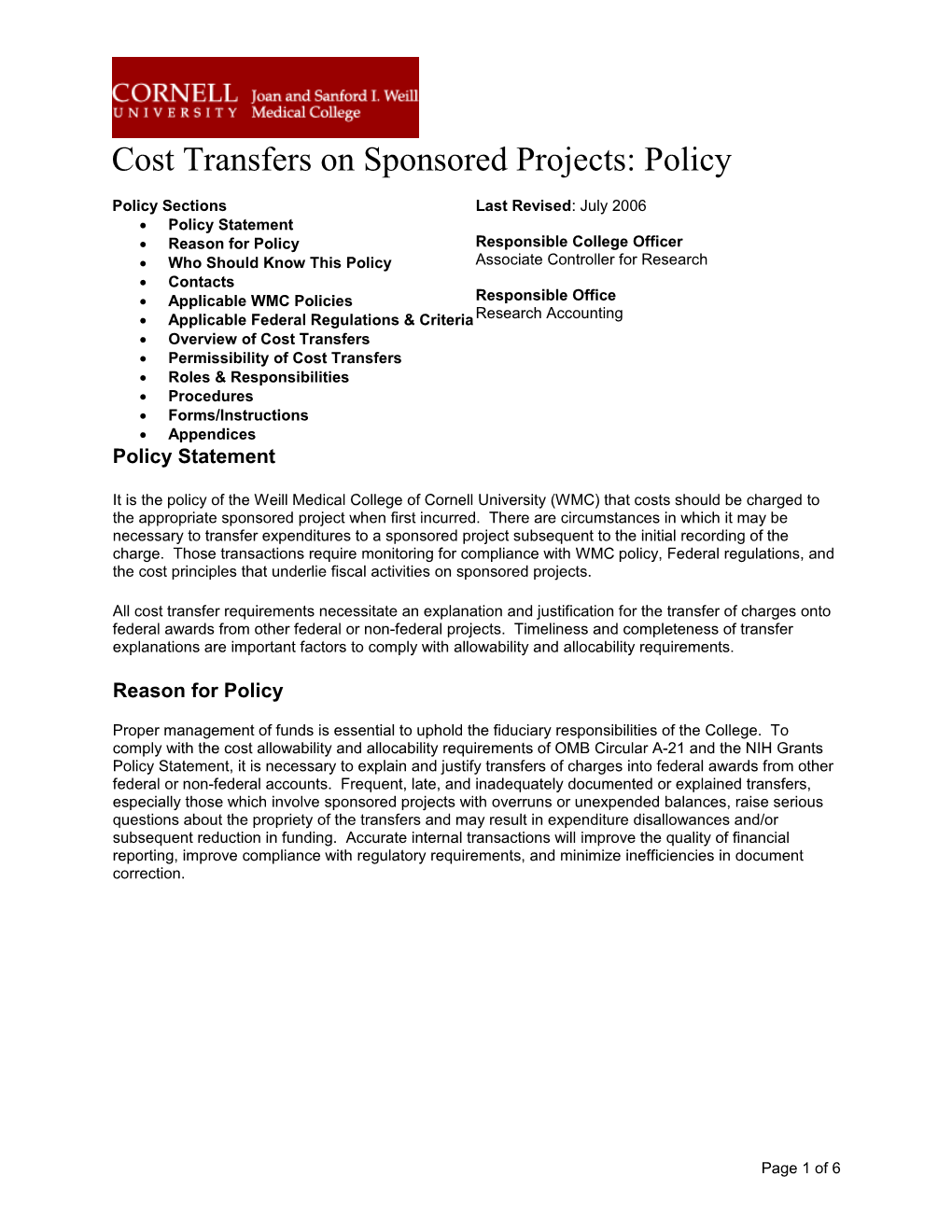 Cost Transfers on Sponsored Projects: Policy