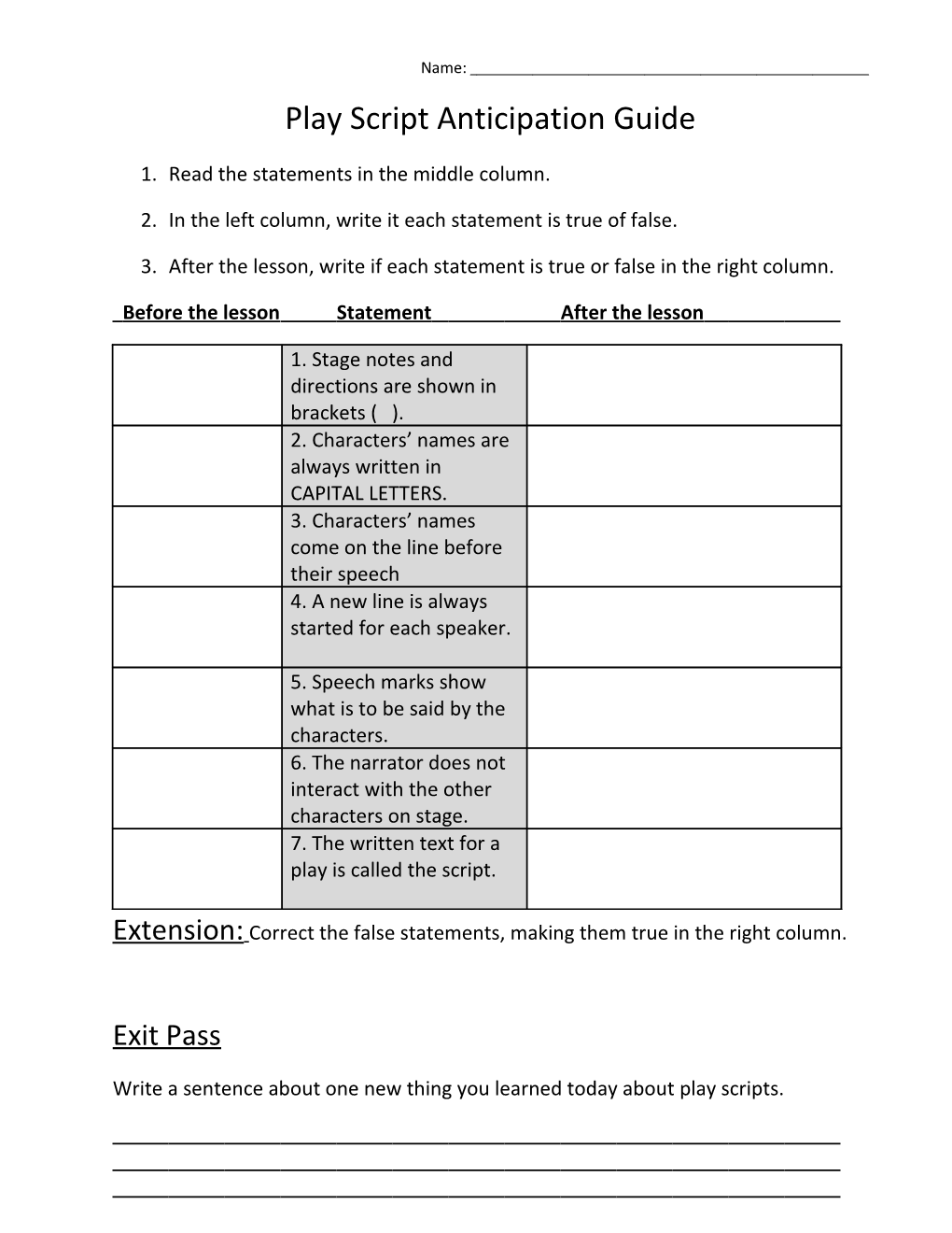 Play Script Anticipation Guide