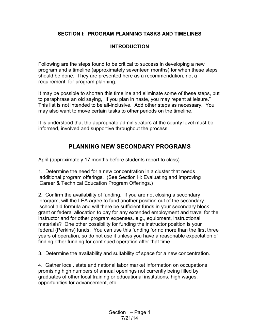 Section K: Program Planning Tasks and Timelines