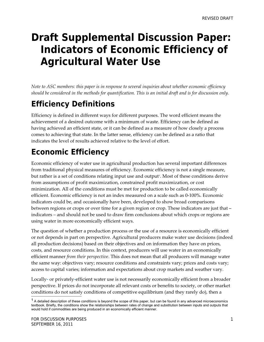 Draft Supplemental Discussion Paper: Indicators of Economic Efficiency of Agricultural Water Use