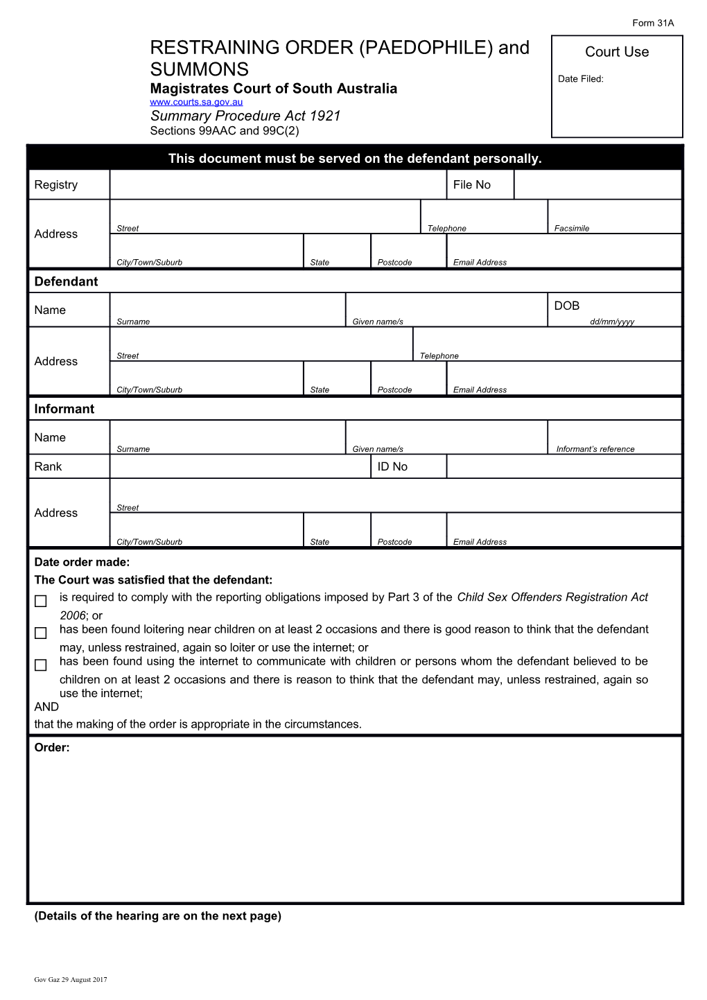 Form 31A - Restraining Order (Paedophile) and Summons