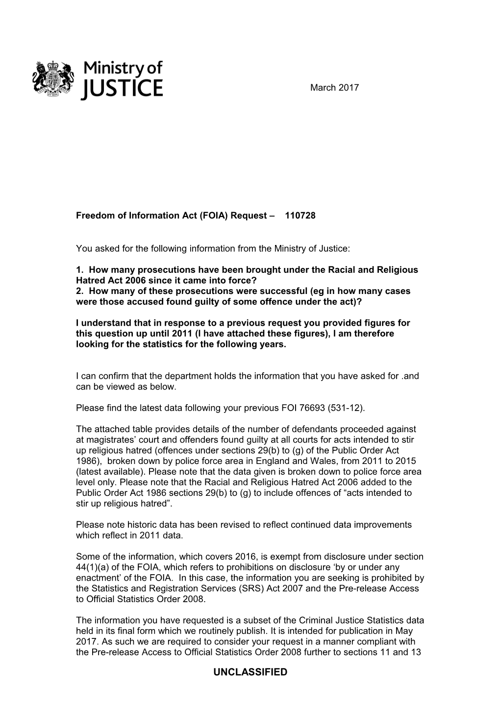 FOI 110728 Racial and Religious Hatred Act 2006 Prosecutions