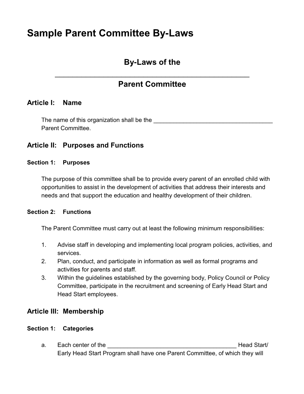 Sample Parent Committee By-Laws