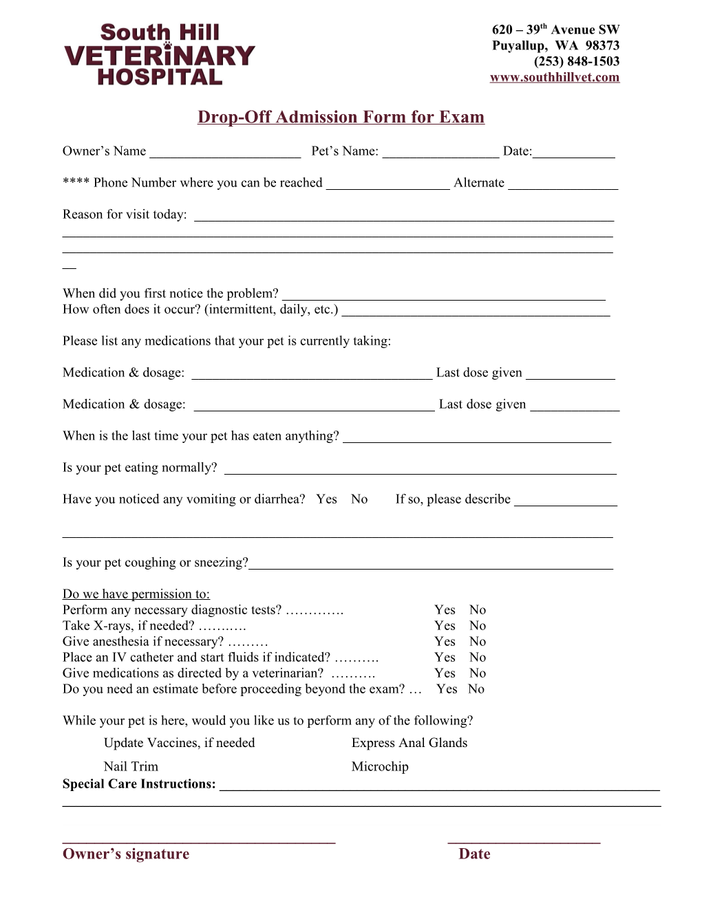 Drop-Off Admission Form for Exam