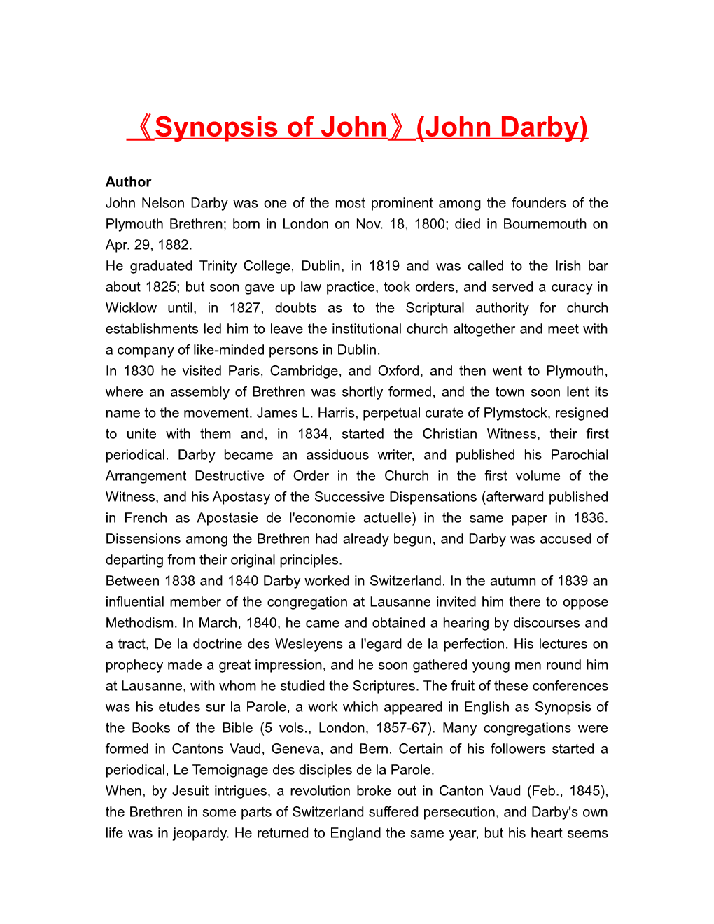 Synopsis of John (John Darby)