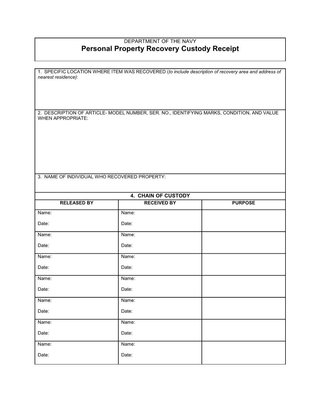 Personal Property Receipt Personal Property Recovery Custody Receipt