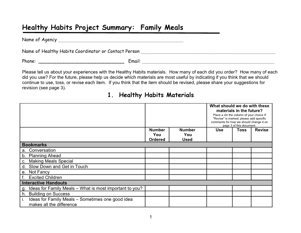Healthy Habits Project Summary: Family Meals
