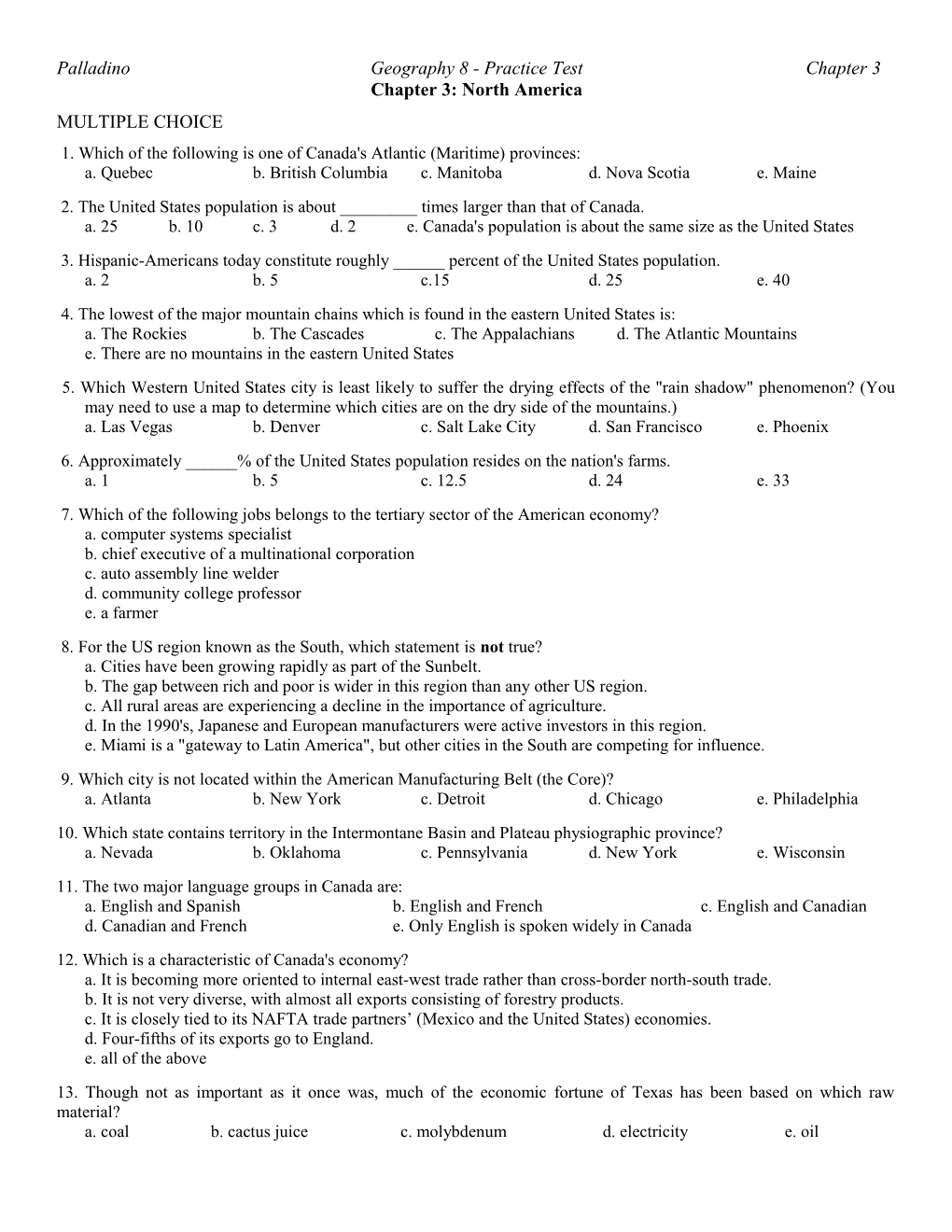 Palladino Geography 8 - Practice Test Chapter 3