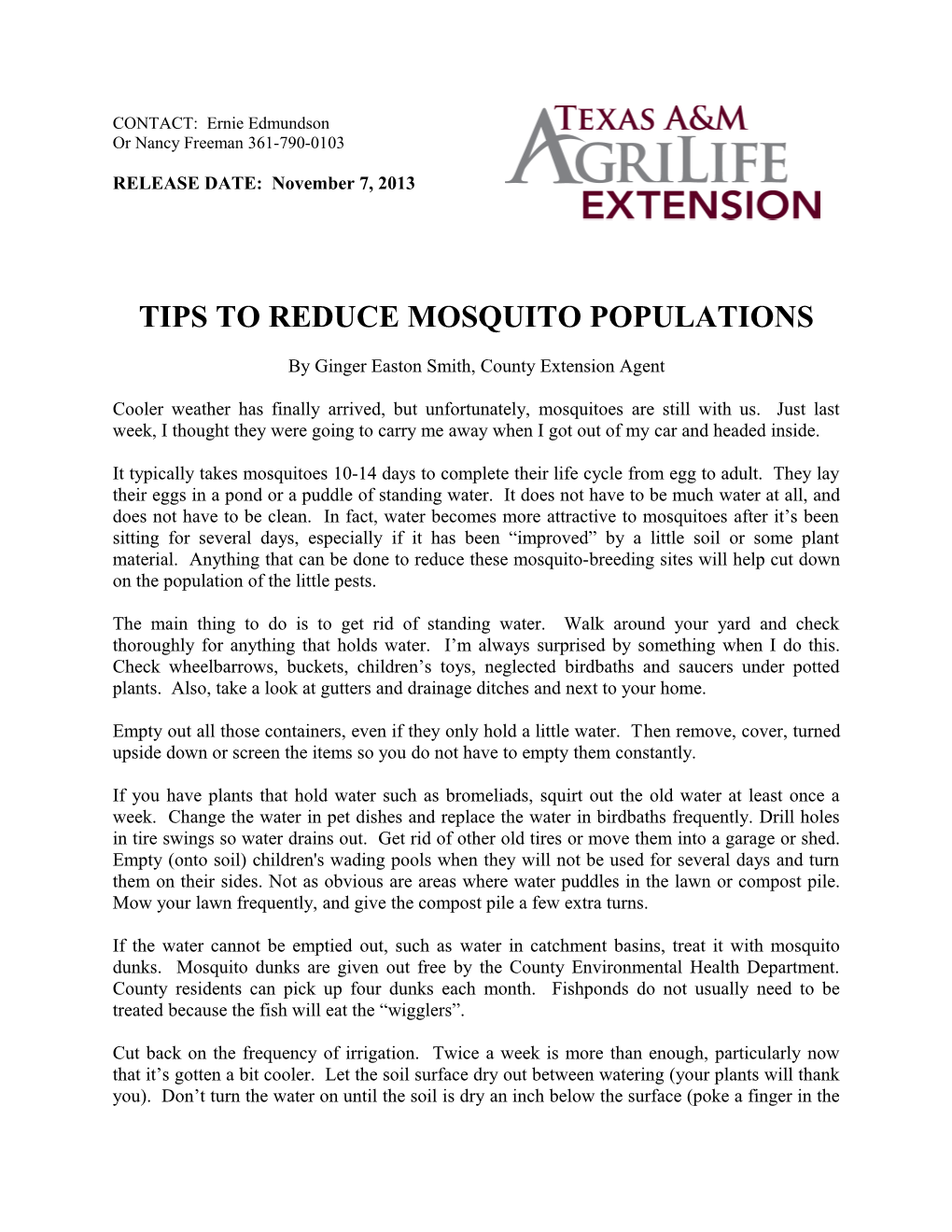 Tips to Reduce Mosquito Populations