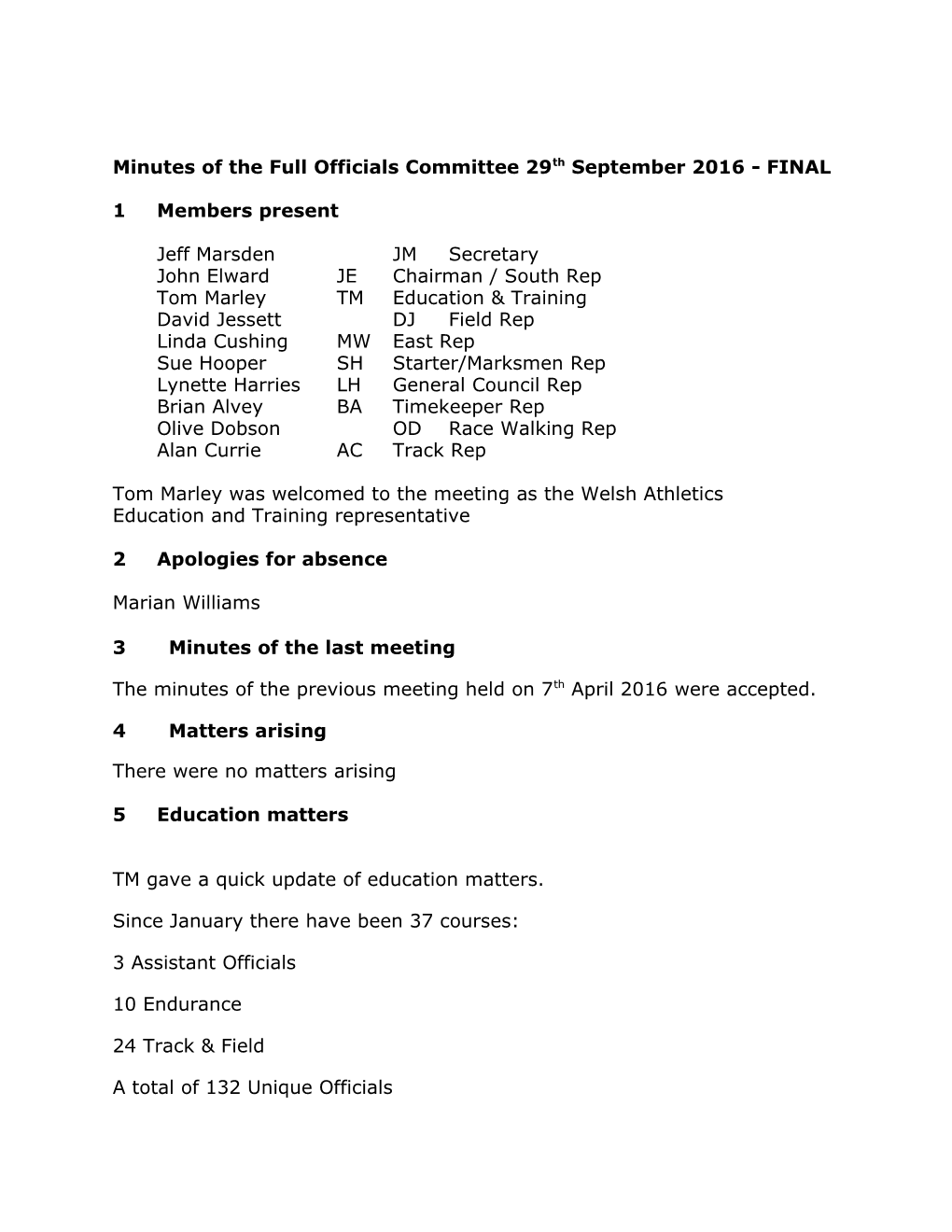 Minutes of the Full Officials Committee 29Th September 2016 - FINAL
