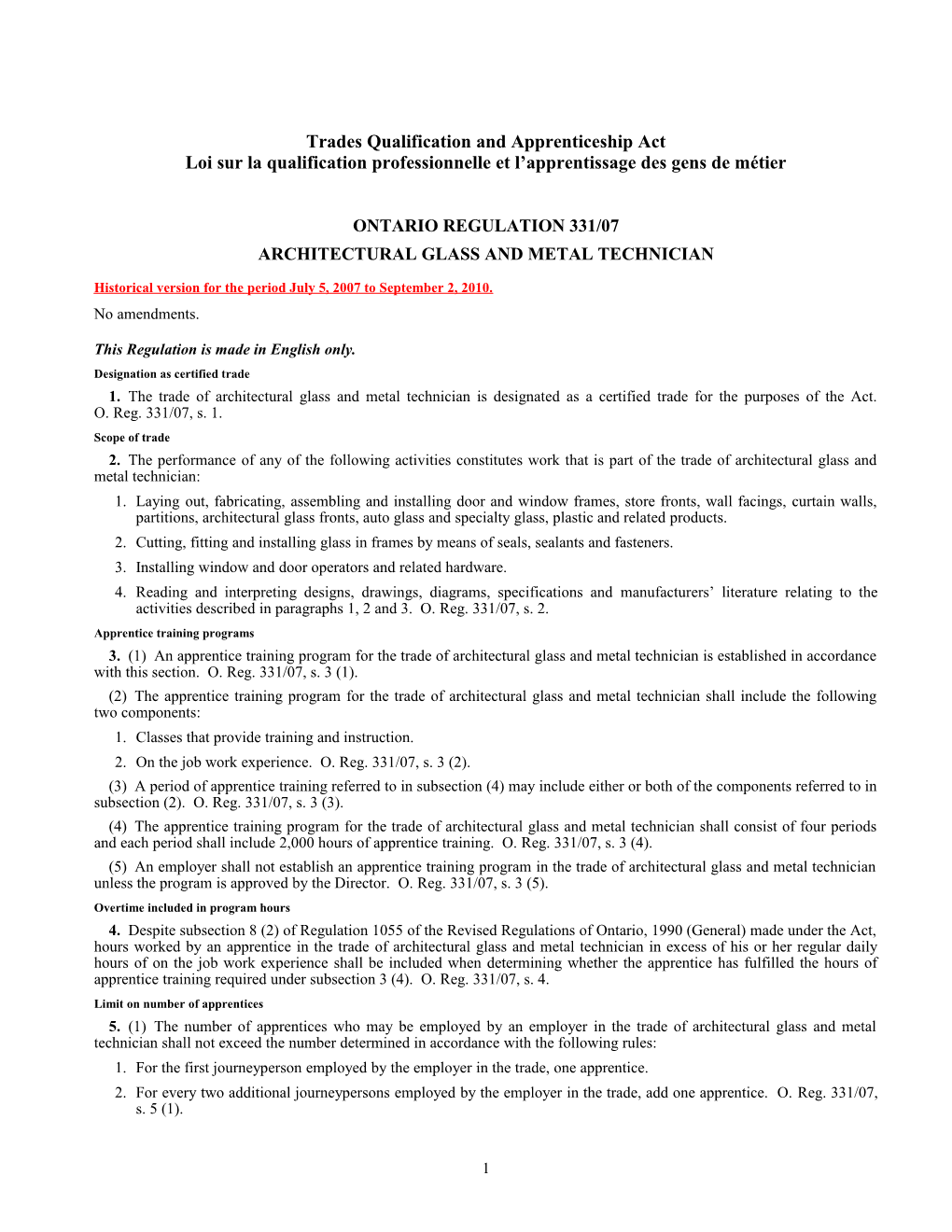 Trades Qualification and Apprenticeship Act - O. Reg. 331/07