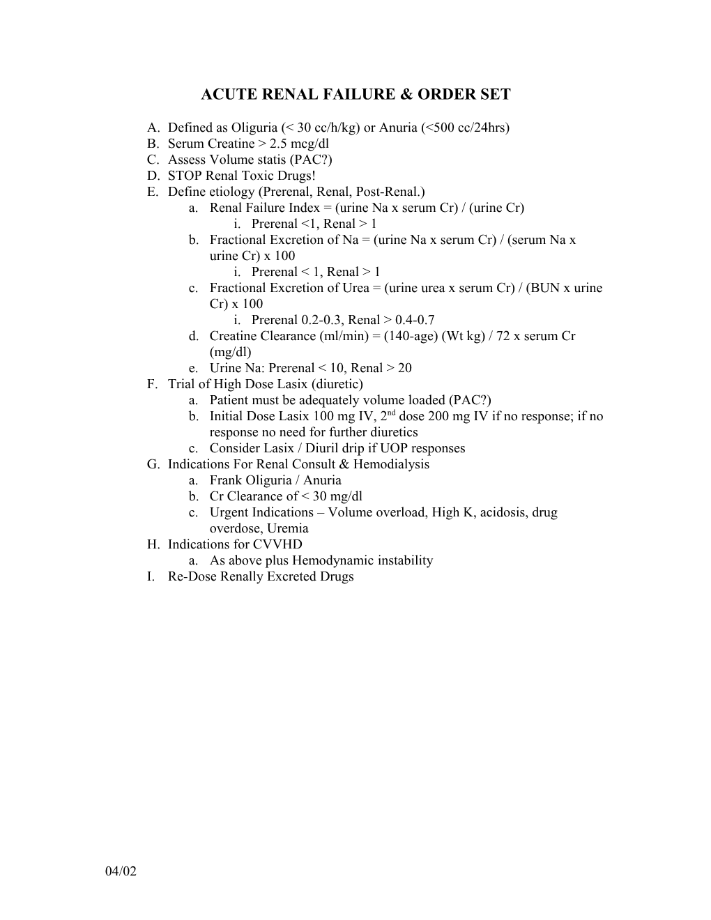 Acute Renal Failure & Order Set