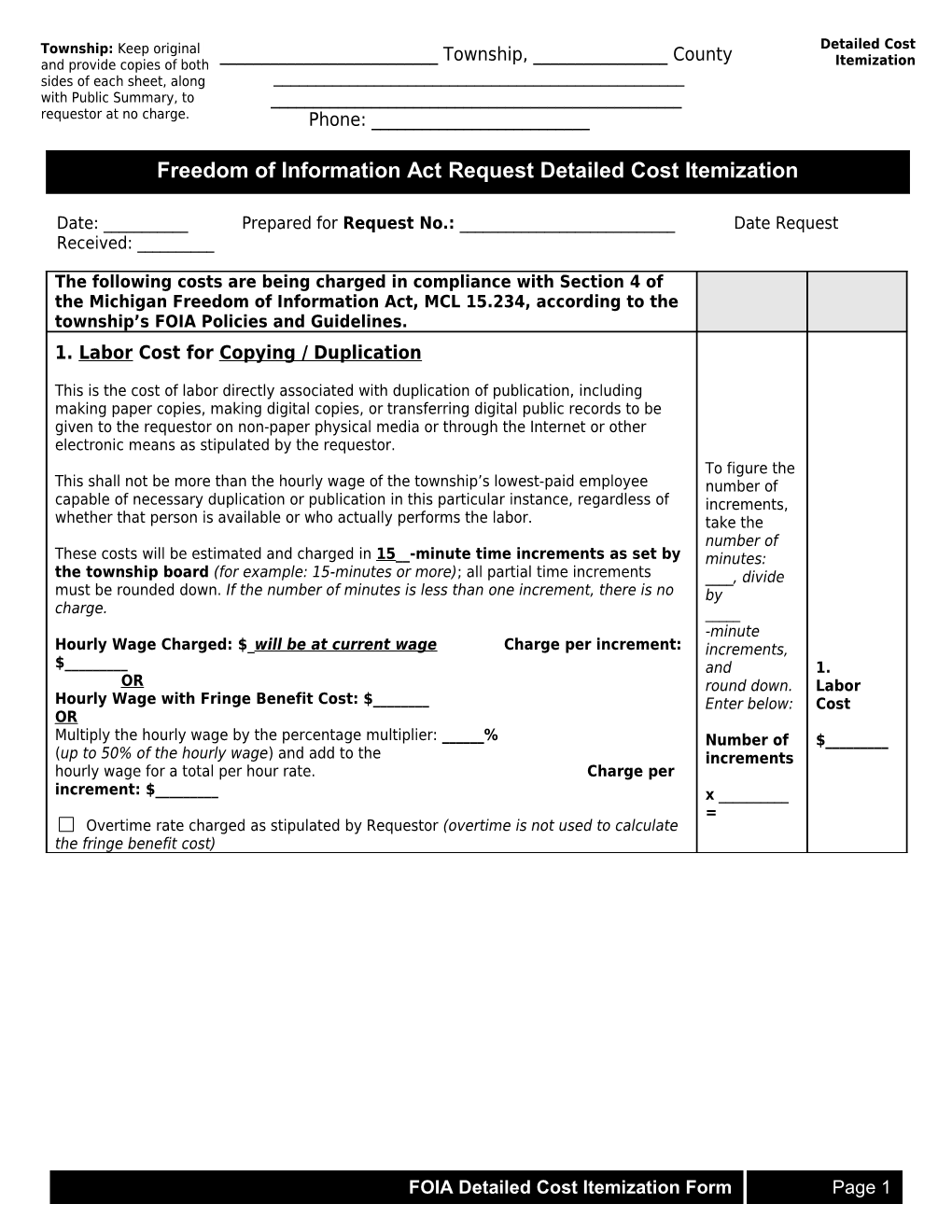 Freedom of Information Act Request Itemized Cost Worksheet