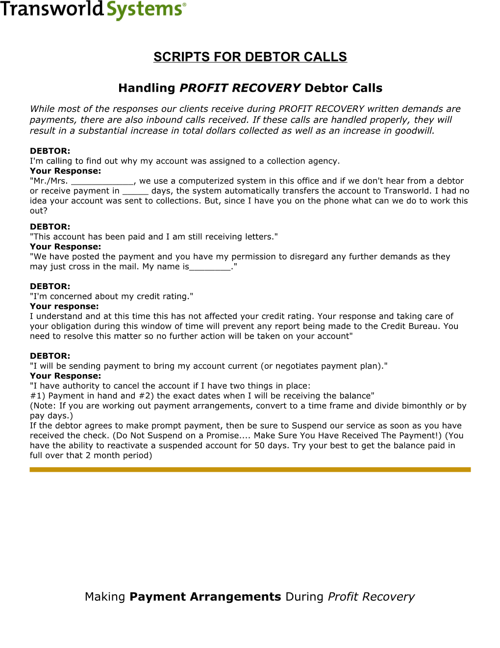 Script for Receiving Debtor Calls