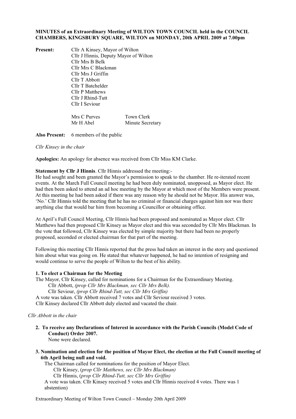 MINUTES of a Meeting of WILTON TOWN COUNCIL Held in the COUNCIL CHAMBERS, KINGSBURY SQUARE s4