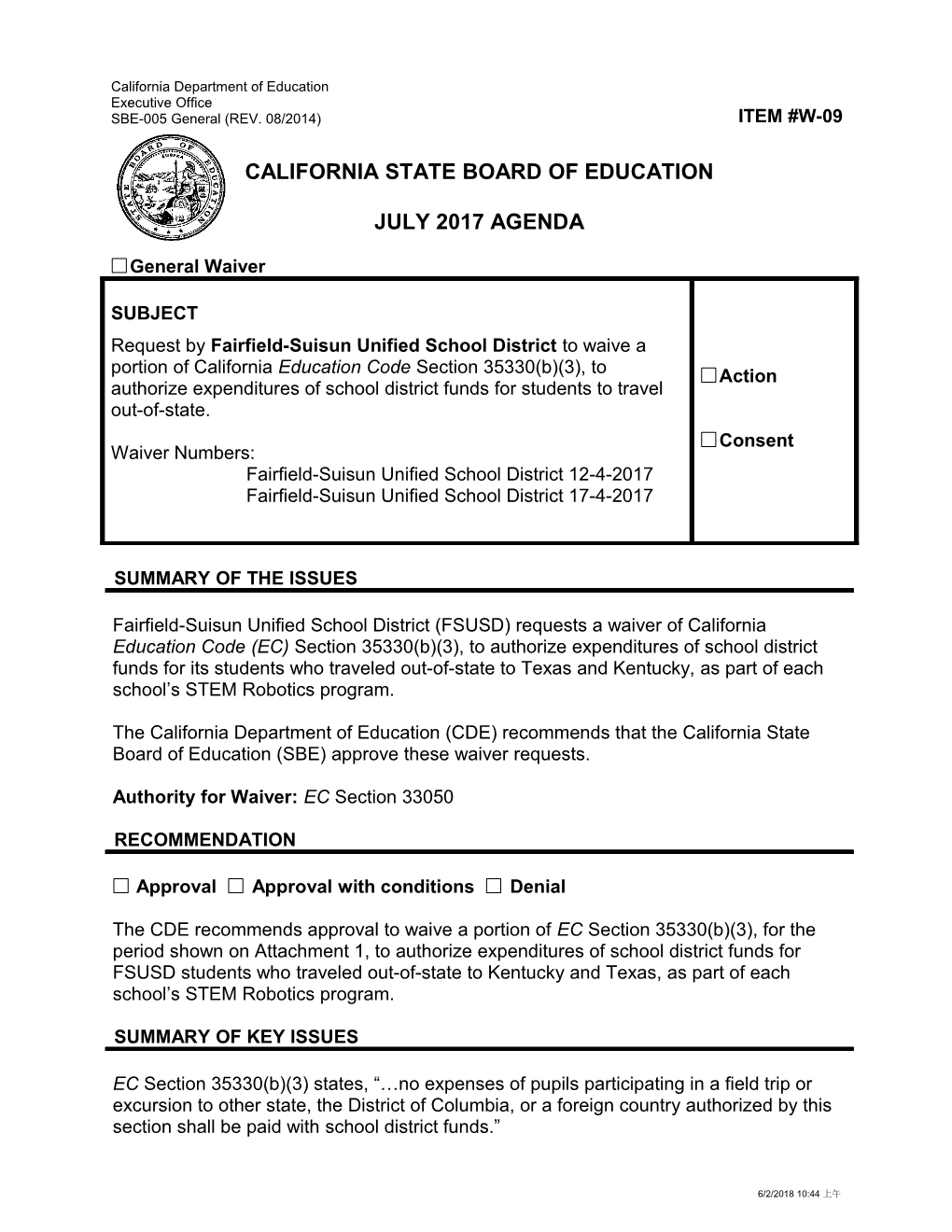 July 2017 Waiver Item W-09 - Meeting Agendas (CA State Board of Education)